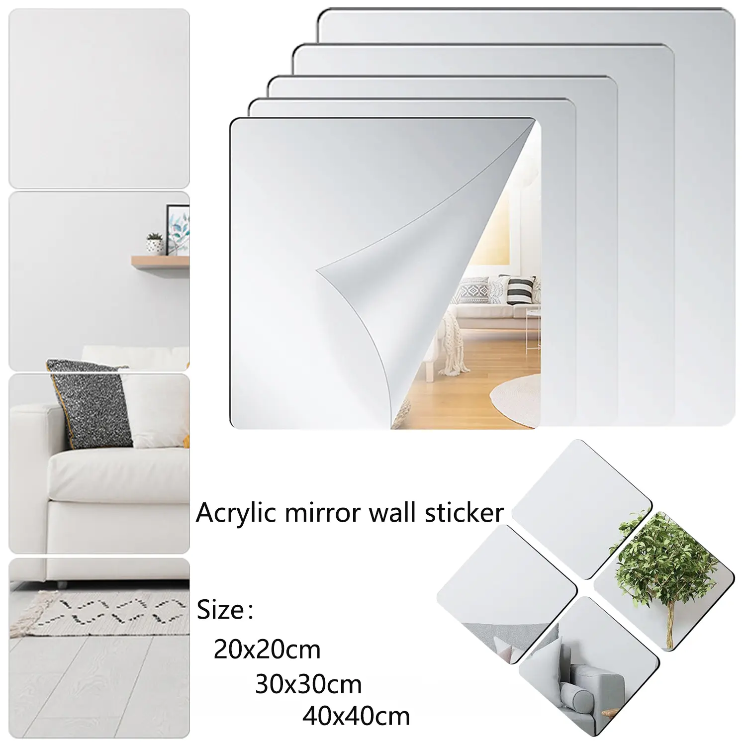 4Pcs Multi-Size Frameless Glue-Free Self-Adhesive Smooth Silver Reflective Acrylic Square Mirror Tiles, 7.87"-15.75" 1.5mm Thick Decorative Wall Tiles Sticker for Bathroom, Bedroom Home Decor