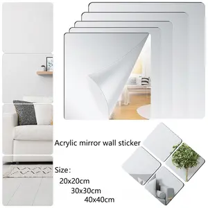 4Pcs Smooth Silver Reflective Self-Adhesive Acrylic Square Mirror Tiles Stickers, 7.87"-15.75" Frameless 1.5mm Thick Decorative Wall Stickers for Bathroom, Bedroom Home Decor