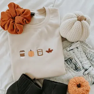 Just Fall Things Embroidered Sweatshirt | Cute Autumn Crewneck Pullover | Cozy Pumpkin Spice Coffee & Leaves Fall Top