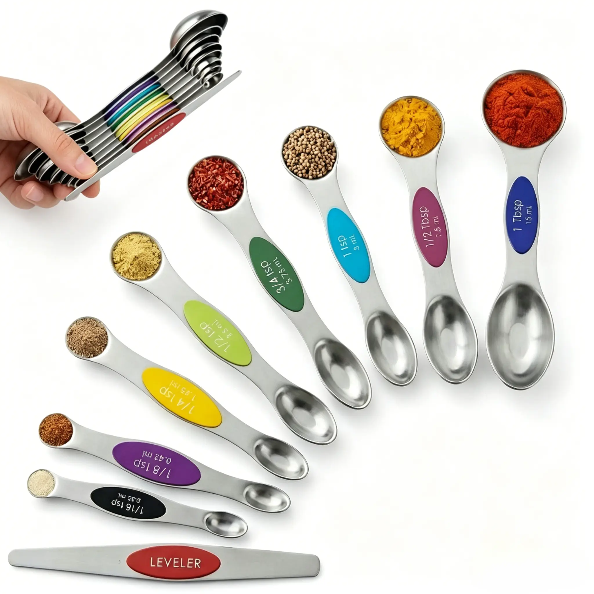 9-Piece Stainless Steel Magnetic Measuring Spoons Set, Heavy Duty Dual-Sided Multicolor Spoons with Leveler, Fits Most Spice Jars, Easy Storage, Dishwasher Safe Kitchen Essentials for Cooking and Baking