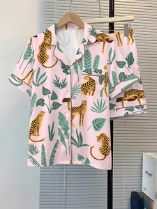 Women's Sleepwear 2-Piece Set, Leopard Leaf Pattern, Comfortable Night Home Wear, Fashion Soft Fabric, Casual Daily Use, Leopard Print Pajamas