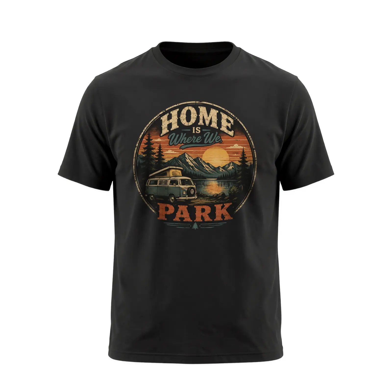Men's Vintage Camper Van Print-On-Demand Short-Sleeve Casual T-Shirt, Menswear Tops for Road Trip Adventure, Camping & Outdoor Travel Lover Gift, Shortsleeve