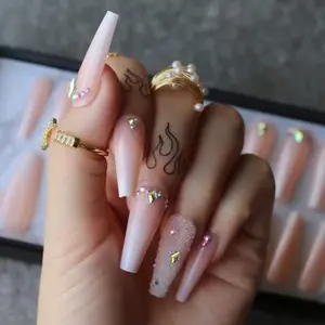 Extra Long Coffin Press on Nails, Crystal Luxury Nails with Silver Opal rhinestones, Pink French Mixed Light Ombre, 24pcs Glossy False Fake Tips, Finger Manicure for Women and Girls