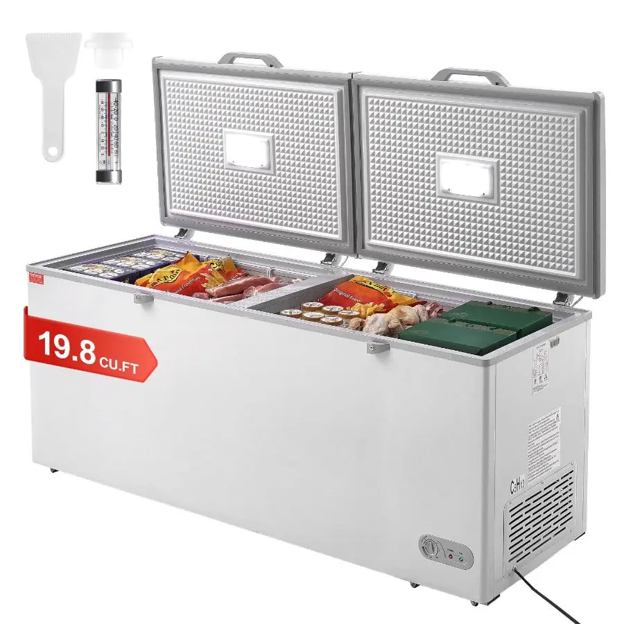 VEVOR Chest Freezer, 19.8 Cu. ft/ 561 L Large Deep Freezer with Split Top Double Locking Lids, Freestanding Commercial Chest Freezer 4 Removable Baskets, 7-Level Adjustable Temp, LED Light, 6 Wheels