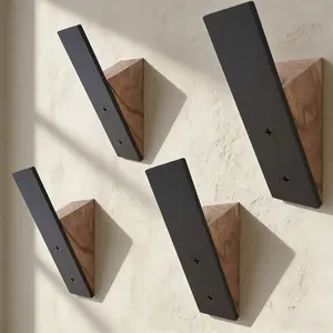 Walnut Wood Coat Hooks, High End Walnut Wood & Black Metal Wall Mounted Coat Hooks, Mid-century Modern Clothes Hooks, Heavy Duty Wooden Hooks For Hanging Coats, Hats, Towels & More, Set Of 4