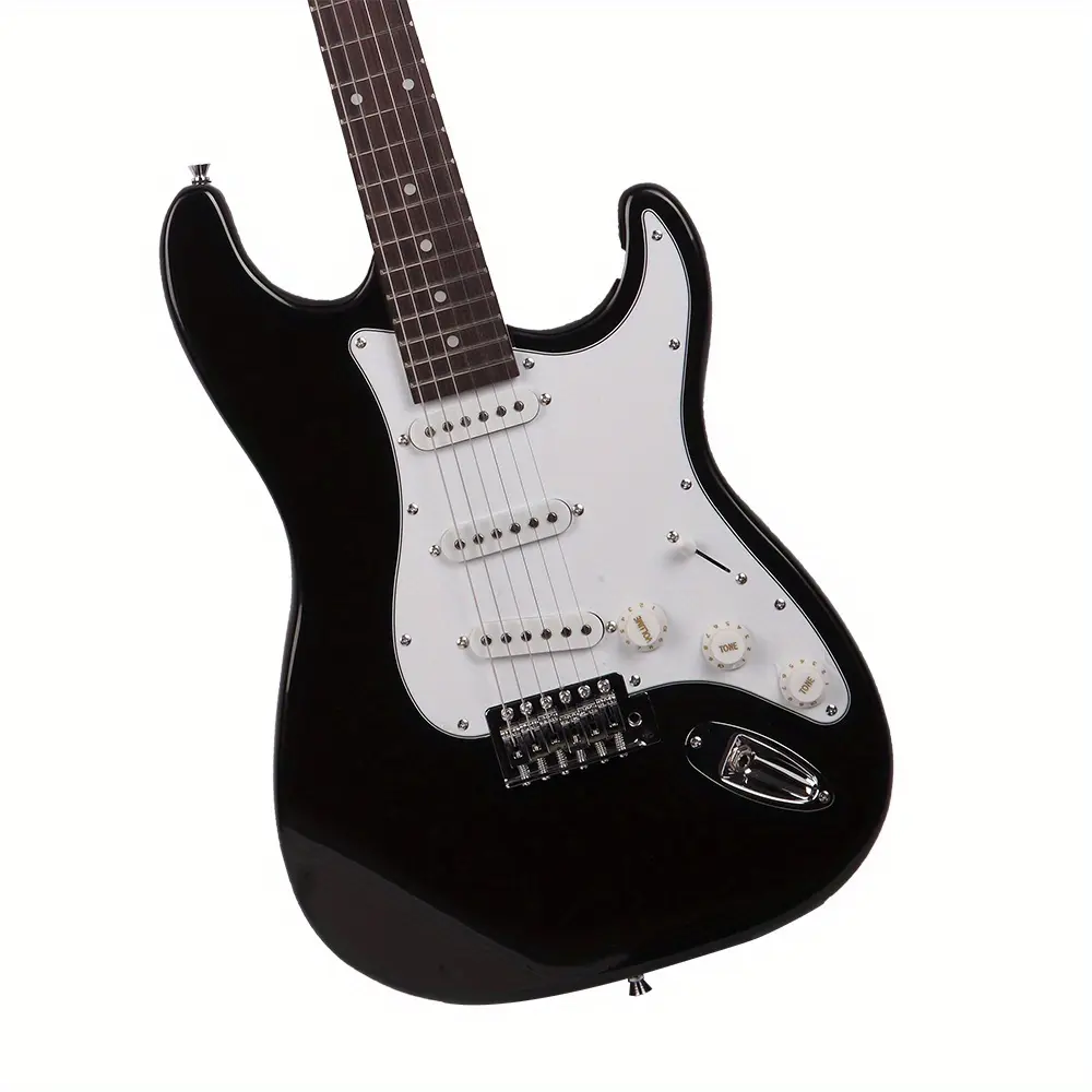 Black Electric Guitar Complete Pack - Basswood Body, Rosewood Fingerboard, White Accents, 22 Frets, 39.37in/100cm Length, 172oz Weight, Guitar Strings Included