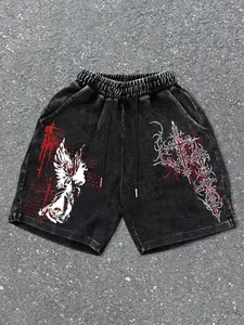 Men's washed cotton athletic shorts with a gothic print. Comfortable and casual, suitable for everyday wear.