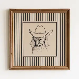 Western Cowboy Dog Wall Art – Cool Dog Illustration with Striped Border, Western Statement Decor, Western Vintage Dog Print1 - (Unframe)
