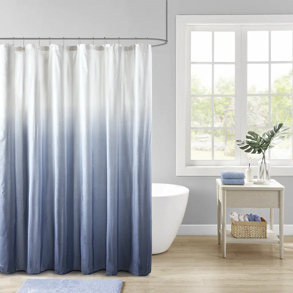 Blue Ombre Seersucker Shower Curtain, 72x72 Inch, Water-Repellent Fabric with Gradient Print, Machine Washable, Standard Size for Bathtub and Shower Stall, Textured Bathroom Decor