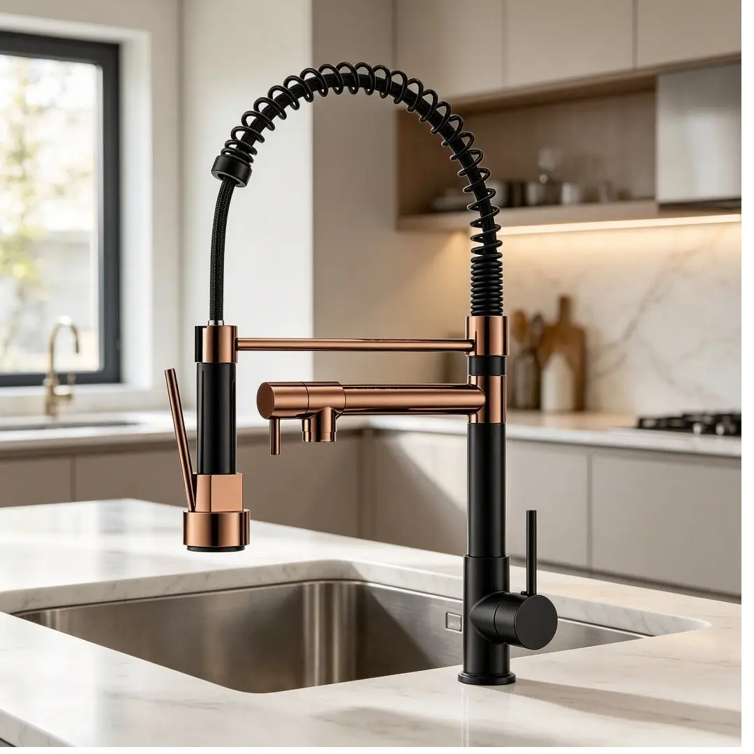 Modern Residential/Commercial Kitchen Faucet - Single Handle, Pull Down Sprayer, Double Outlet, 1/3 Multiple Holes Compatible, Start-Stop Lever, Swivel Grip, Durable, Easy Setup, Water Control