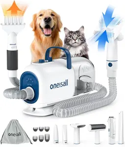 oneisall Dog Vacuum & Dryer for Shedding Grooming, 8 in 1 Dog Grooming Kit with Metal Blades Pet Clippers, Adjustable Speed and Temperature Control Dog Blower