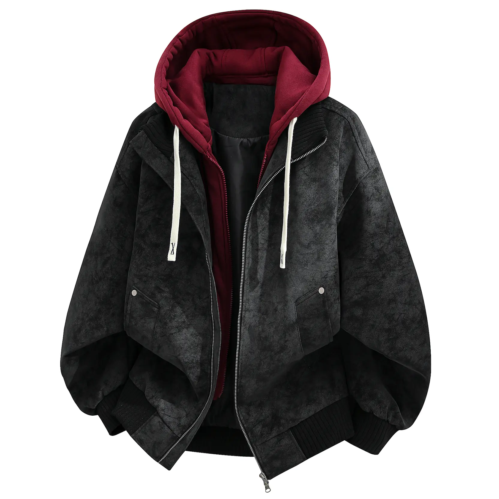 Men’s Plain Layered Faux Leather Zip-Up Bomber Jacket Hoodie - Casual Menswear Coats, Loose Fit, Hem Detail, Autumn Streetwear Outfits