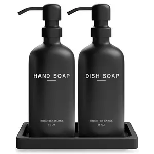 Black Glass Hand and Dish Soap Dispenser Set by Brighter Barns - Kitchen Soap Dispenser Set with Tray for Kitchen, Home, or Vacation Rental - Modern Black Kitchen Decor (Black)