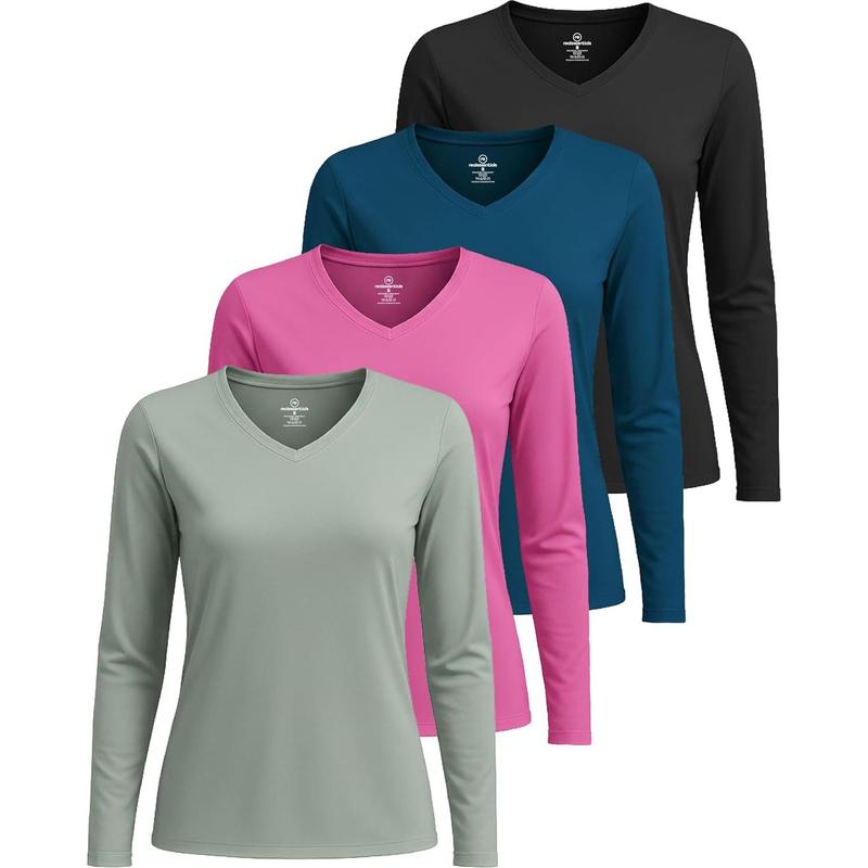 4 Pack: Women's Long Sleeve Dry Fit V-Neck T-Shirt - Active Athletic Workout Gym Top (Plus Available)