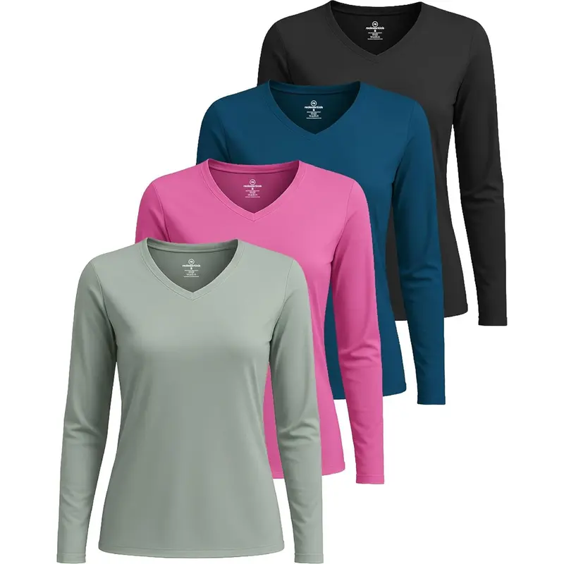 4 Pack: Women's Long Sleeve Dry Fit V-Neck T-Shirt - Active Athletic Workout Gym Top (Plus Available)