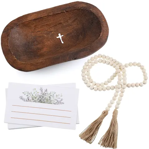 Wooden Prayer Bowl with 10 Prayer Cards Handcrafted Vintage Prayer Bowl with Cross & Tassel Garland for Church Office Wedding Birthday Party Religious Home Decor