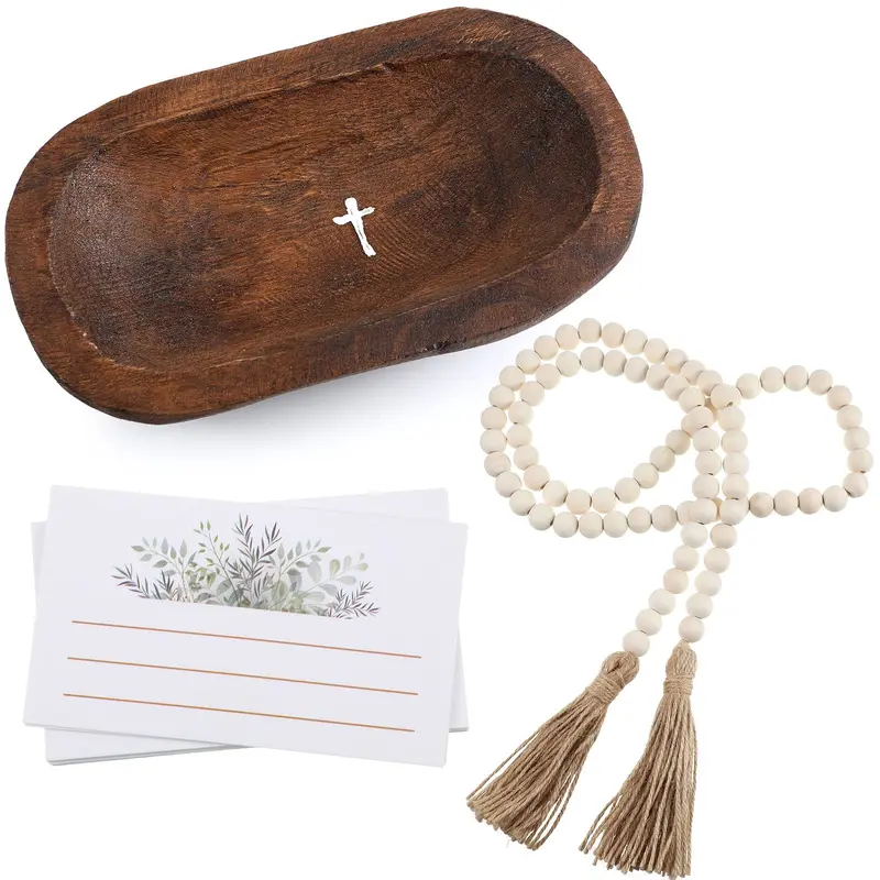 Easter Gift Wooden Prayer Bowl with 10 Prayer Cards Vintage Prayer Bowl with Cross & Tassel Garland Religious Decorations for Home Living Room Bedroom Church Easter Home Decor Easter Basket Stuffers