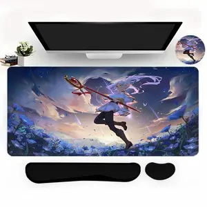 Anime Girl Magic Staff Pattern Mouse Pad Set, 4 Counts/set Including Mouse Pad & Keyboard Wrist Rest & Coaster & Keyboard Pad, Desk Accessories for Home Office Gaming