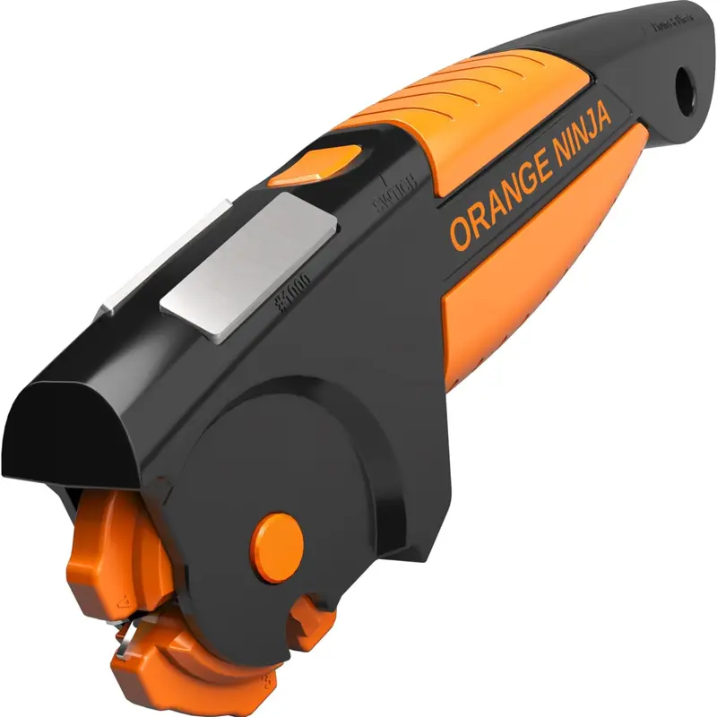 The Orange Ninja All-in-1 Tool Sharpener System, 7 in 1 Knife and Garden Tool Sharpener for Axes, Hatchets, Machetes, Pruners, Shears, Shovels and Pocket Knives, Tungsten Carbide Slots with 600 and 1000 Grit Diamond Stones