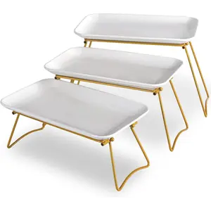 3 Tier Serving Tray Set with Gold Freely Combinable Rack,12 Inch Tiered Tray Stand,Widened Porcelain Platters,Decor Cupcake Stand for Christmas Party Display,Collapsible Dessert Trays