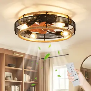 20'' Boho Caged Ceiling Fan with Light & Remote, Flush Mount Rattan Fandelier, 6-Speed Reversible Quiet Motor, E26 Base, Farmhouse Low Profile Ceiling Fan for Bedroom, Living Room