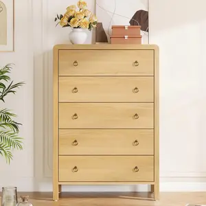 GAOMON 5-Drawer Dresser, Oak Finish Tall Storage Chest, Drawer Chest Bedroom Organizer Cabinet with Gold Ring Pulls, Mid-Century Modern Dresser for Living Room, Bedroom