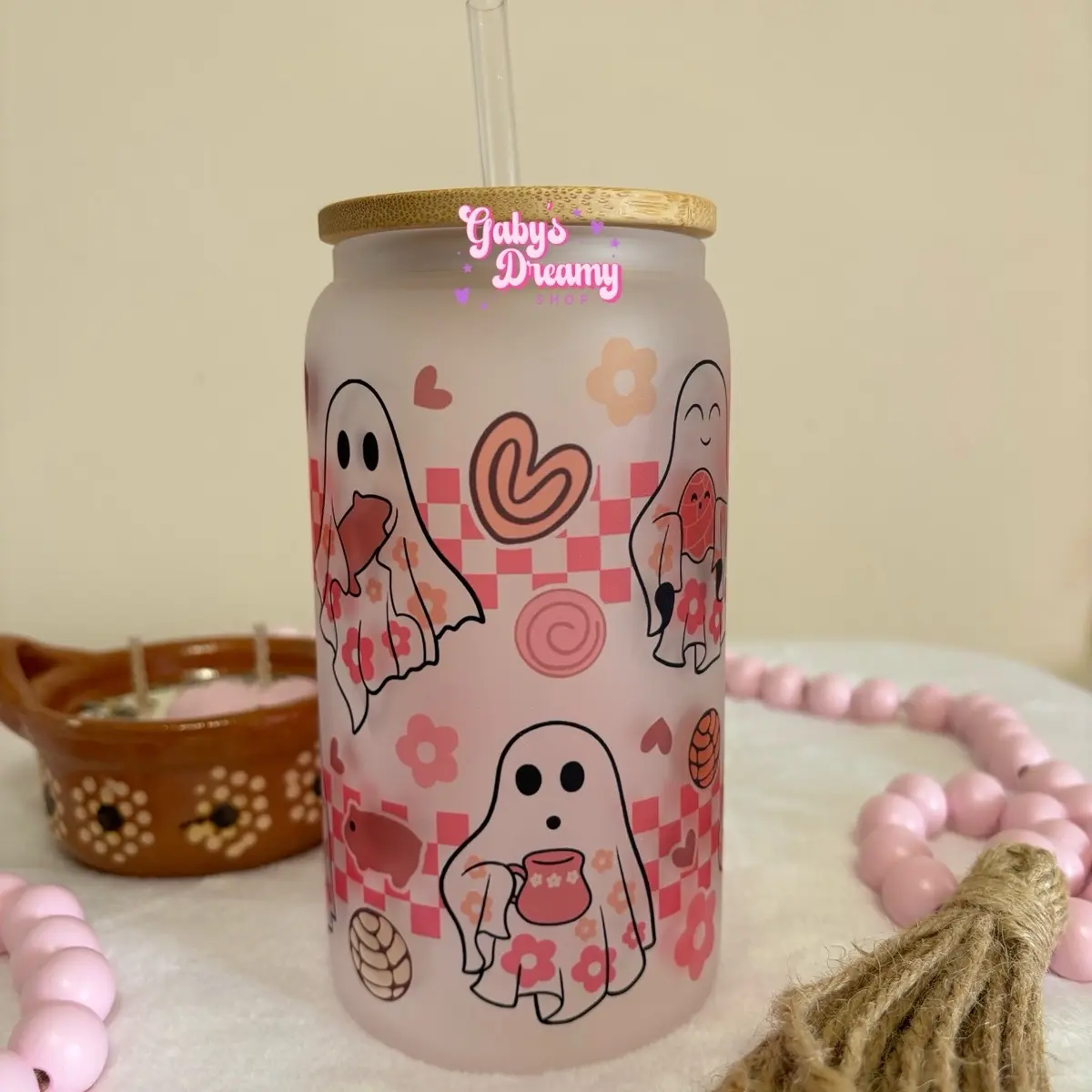 Mexican Conchas Ghost Cafecito Iced Coffee Frosted Glass Cup with Bamboo Lid and Reusable Straw, 16 oz