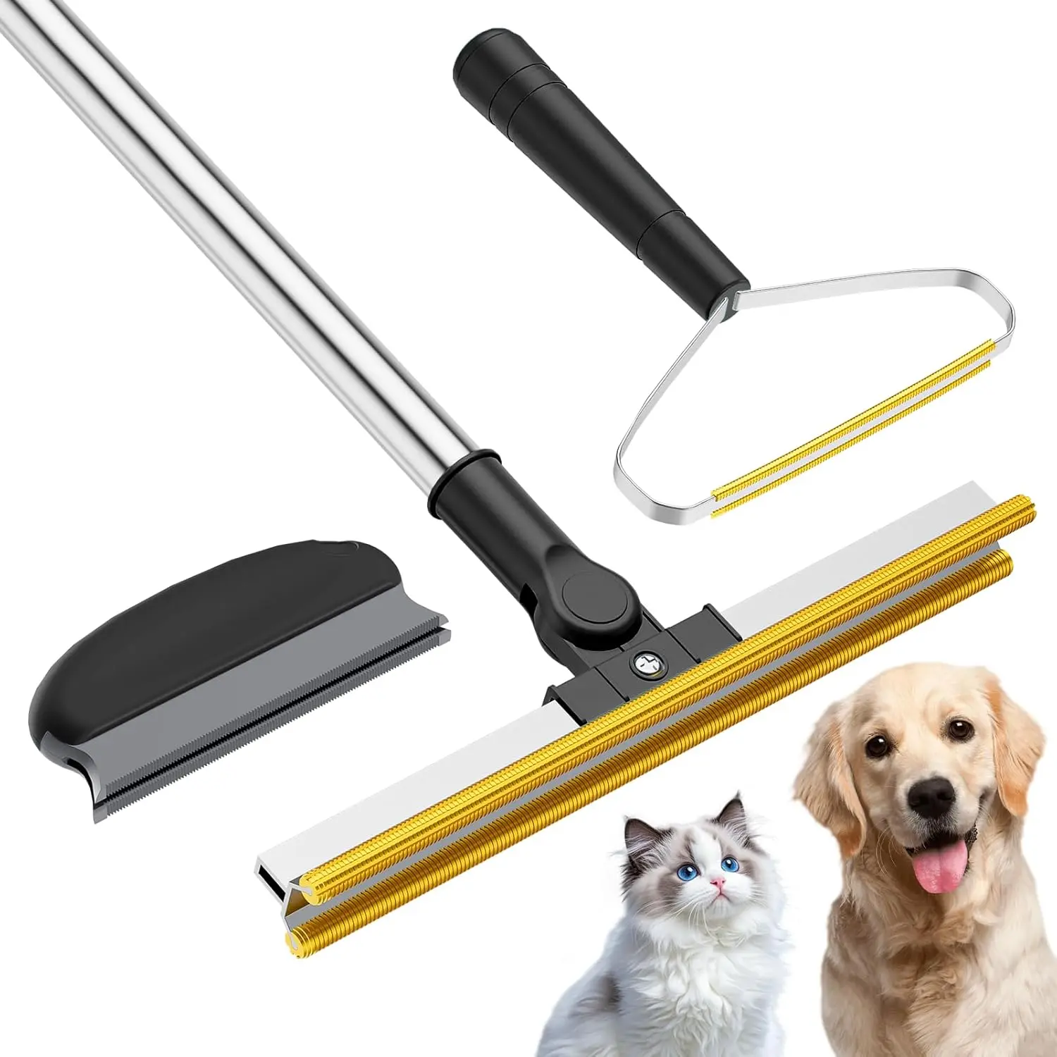 3-in-1 Pet Hair Cleaning Carpet Rake, 3-Piece Tool Set, 55inch Long-Handle Carpet Pet Hair Cleaner, Suitable for Sofas, Armchairs, Cars, Carpets (Black)