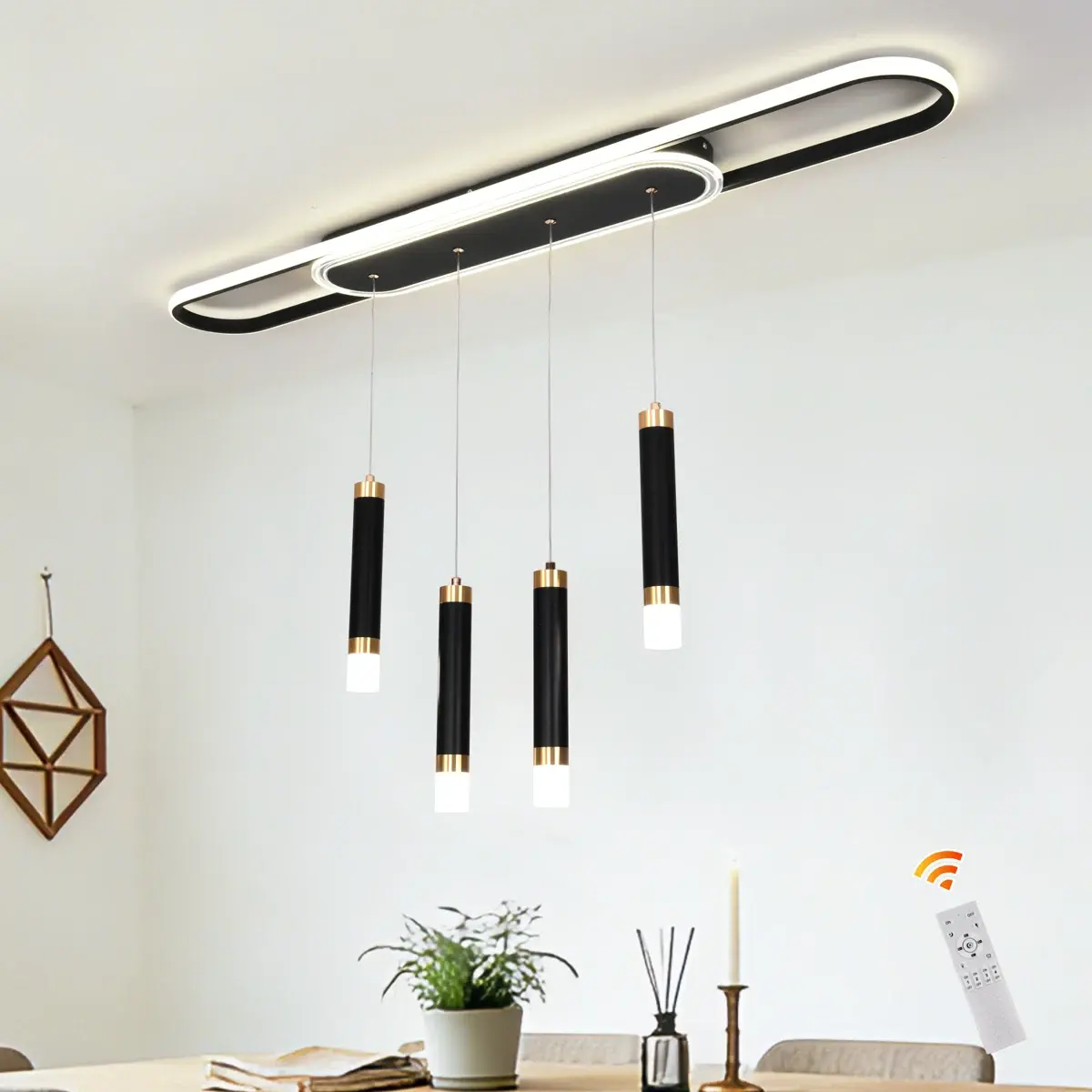 Garwarm 4 Light Modern Black LED Kitchen Island Pendant Light, Dimmable with Memory Function, Linear Ceiling Light for Bedroom, Dining Room, Living Room
