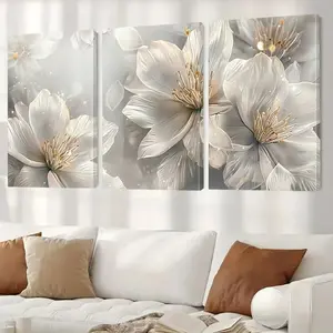 3pcs Fashionable White Floral Canvas Wall Art Modern Home Decor Frameless Decorative Painting Blooming Beautiful Flowers Painting Printmaking Abstract Floral Hanging Painting