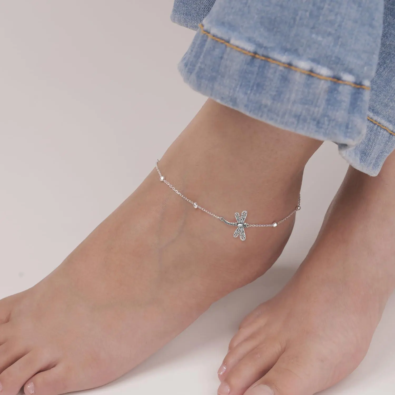 LeCalla Silver Anklets for Women | 925 Sterling Silver Adjustable Dragonfly Beads Anklet | Beaded Station Chain Ankle Bracelet Jewelry Gift for Mom Wife Sister Friend 11 Inches