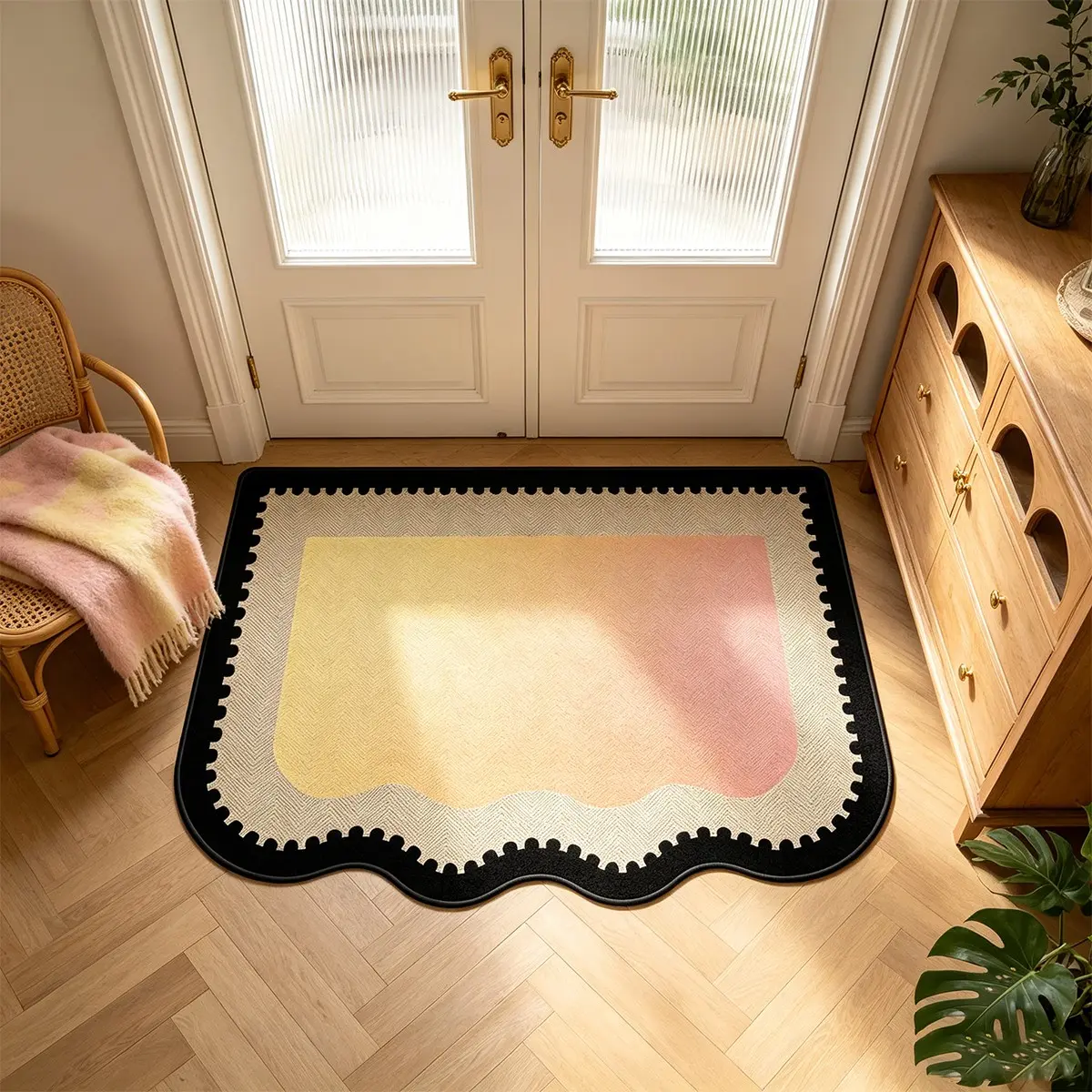 One non-slip doormat, yellow-pink gradient welcome rug, soft and machine washable, French minimalist style home decor rug, irregular shape, birthday gift, suitable for doorways, bathrooms, kitchens, bedrooms, and living rooms, inside entrance doormat