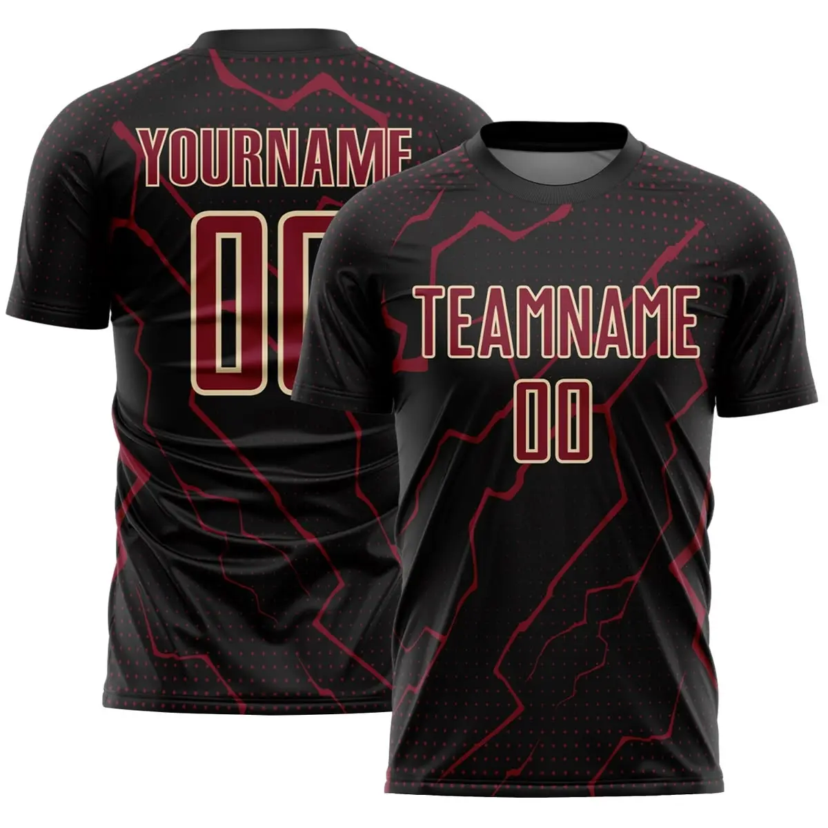 Custom Black Crimson Cream Lightning Soccer Jersey, Personalized Sublimation Sports Shirt, Football Uniform, Athletic Fan Apparel, Team Game Day Outfit