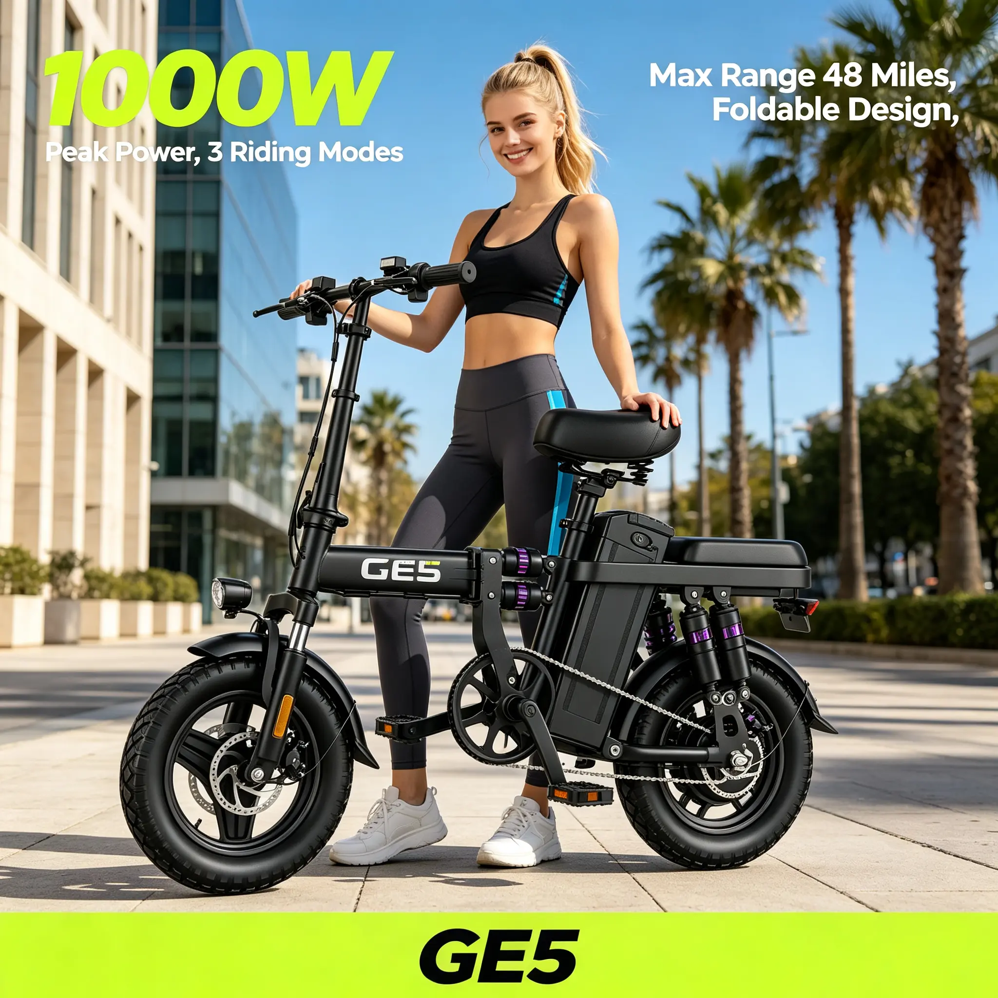 Save Your Commute Cost! GE5 Compact Foldable Electric Bike for Adults｜Dual Seat Design, Front & Rear Disc Brakes, 3 Riding Modes Lightweight Folding Ebike for City Travel