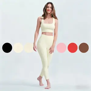 Dufominc Women's 2-Piece Nylon Spandex Workout Set Packs - Ribbed Crisscross Back Crop Sports Bra with Removable Cups, High-Waisted Solid Seamless Yoga Leggings, Supportive Fit for Gym, Yoga