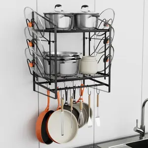 VyGrow Wall Mount Pot Rack, 2 Tier Heavy Duty Steel Organizer Holds Pots, Pans & Lids, 10 Hooks + 6 Lid Holders Included, Space-Saving Kitchen Storage Rack for Cookware, 24"L x 13"W x 20.5"H