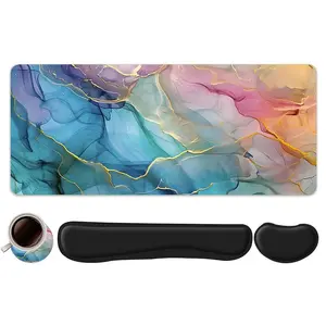 Abstract Marble Pattern Mouse Pad & Keyboard Wrist Rest & Coaster Set, Elegant Colored Fluid Design Office Accessories Set, Ergonomic Wrist Support, Mousepad