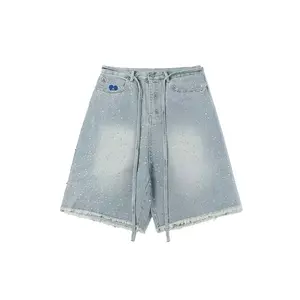 Aelfric Eden Rhinestone Application Loose Jorts Casual Soft Denim Jorts Wide Leg Streetwear