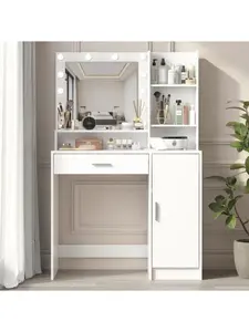 Bellemave Vanity Desk with Mirror, Light, Large Drawer, 3 Level Storage, Adjustable Brightness, Bedroom Dressing Table (Pink) Makeup Organization