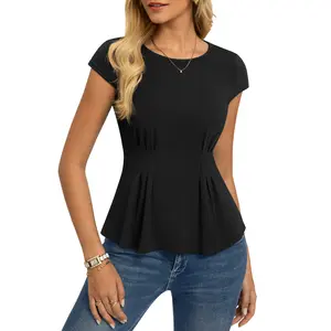 Women Ruched Waist T-Shirt Casual Cap Sleeve Crew Neck Pullover Tops