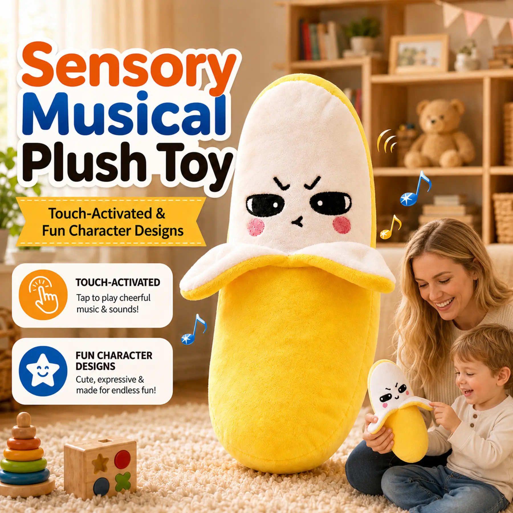 [Deals For You]  Vvinca Sensory Toys Musical Plush Toy, Interactive Dual Sensor Rhythm Toy with 3 Play Modes & Sound Effects, Birthday Gift for Toddler Boys Girls Kids Ages 3+, Banana Strawberry Carrot