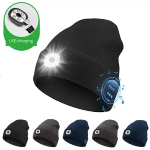 Bluetooth Beanie with a Light, Unisex USB Rechargeable 3 LED Fashlight Hat with Cordless Headphones, Unique Christmas Birthday Gifts for Men Him Husband Teen