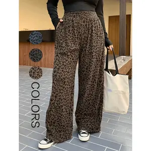 Plus-size women’s stretch-waist corduroy leopard-print loose pants, coffee color, suitable for all seasons, back-to-school, casual date pants GARMENTARY
