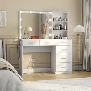 White Vanity Desk with Lights, 6-Drawers Makeup Vanity table with Power Strip and Storage Shelves, Dressing Table with Lighted Mirror for Women Girls vanity with White Vanity vanity  desk
