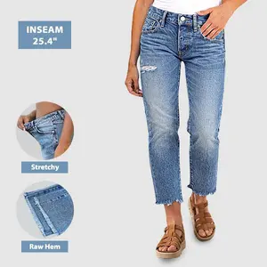 Flamingals Raw Hem Ripped Mid Rise Straight Leg Crop Jeans Women's Fashion Summer Vibes