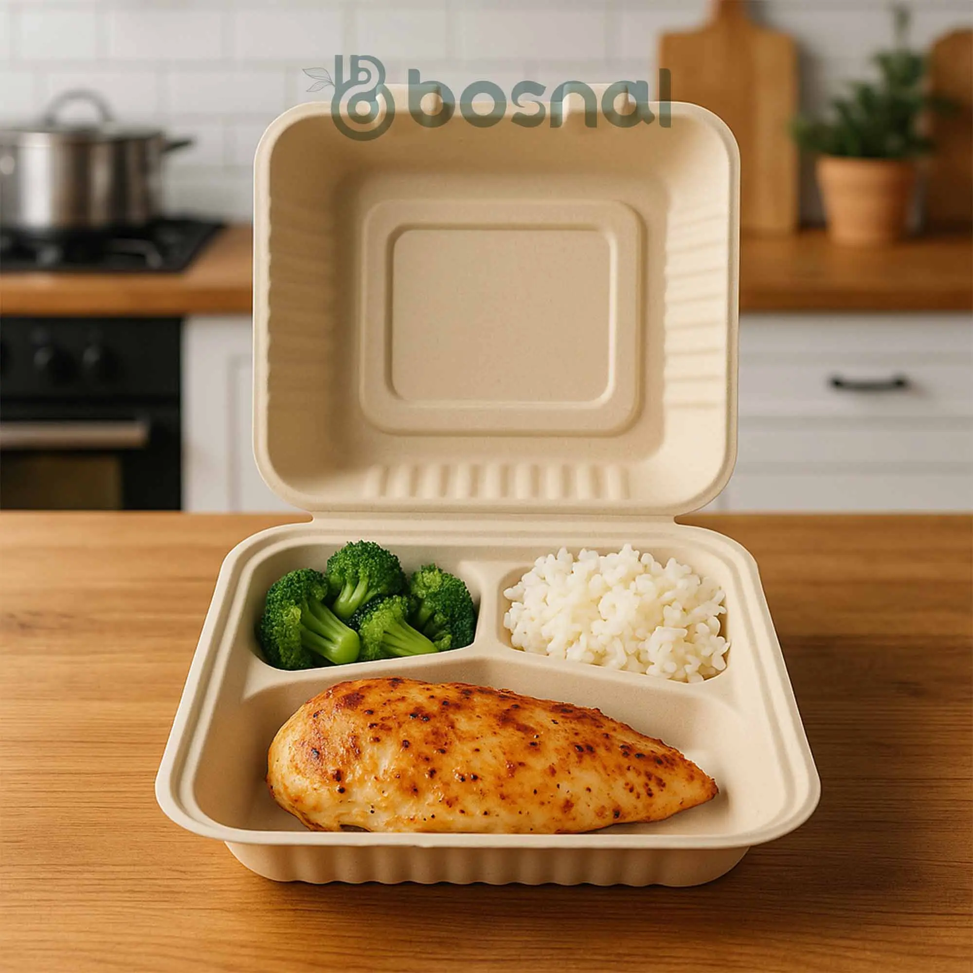 9 Inch Square 3-Compartment Sugarcane Bagasse Compostable Clamshell Boxes, Microwave Safe, Eco-Friendly, Leak-Resistant