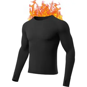 Men's Thermal Undershirt, Long Sleeve Micro Fleece Lined Crewneck, Soft Athletic Base Layer with 4-Way Stretch, Seamless with Thumbholes