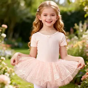 Girls' Pink Glitter Ballet Costume, Toddler Ballet Leotard with Tulle Skirt, Dance Performance Tutu Dress
