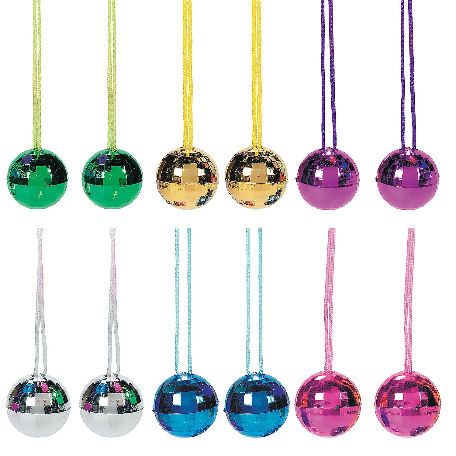 Dazzling 1.5" Faceted Mirrorball Disco Necklaces Assortment - 12 Pcs, 30" Cord, Bright Colors, for School Staff, Wedding, Watch Party, Ideal for Hand Out, Birthday, D Disco, 1 1/2" Faceted Mirrorball, Plastic, Party Wear, Disco Ball Necklaces