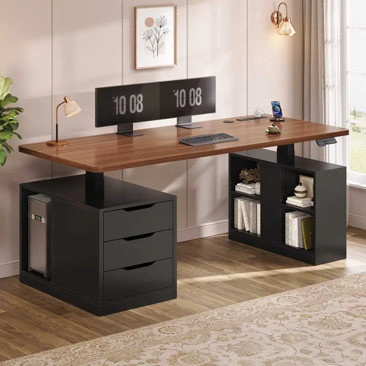 SEDETA 63 Inch Modern Electric Standing Desk Height Adjustable Computer Desk with 3 Drawers Storage Shelves Power Outlets Wood Home Office Stand up Desk for Work Study Writing Desk Workstation